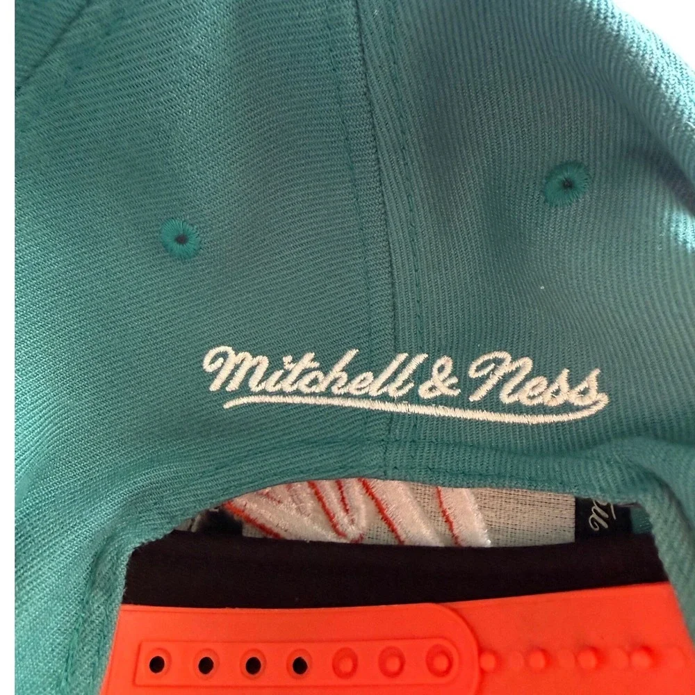 Mitchell Ness Miami Dolphins NFL Snapback Hat Teal Orange Script Logo Helmet Men